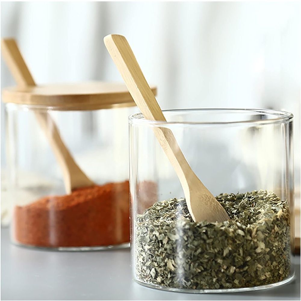 2 PCS Clear Glass Condiment Canister Set with Bamboo Lid & Spoon